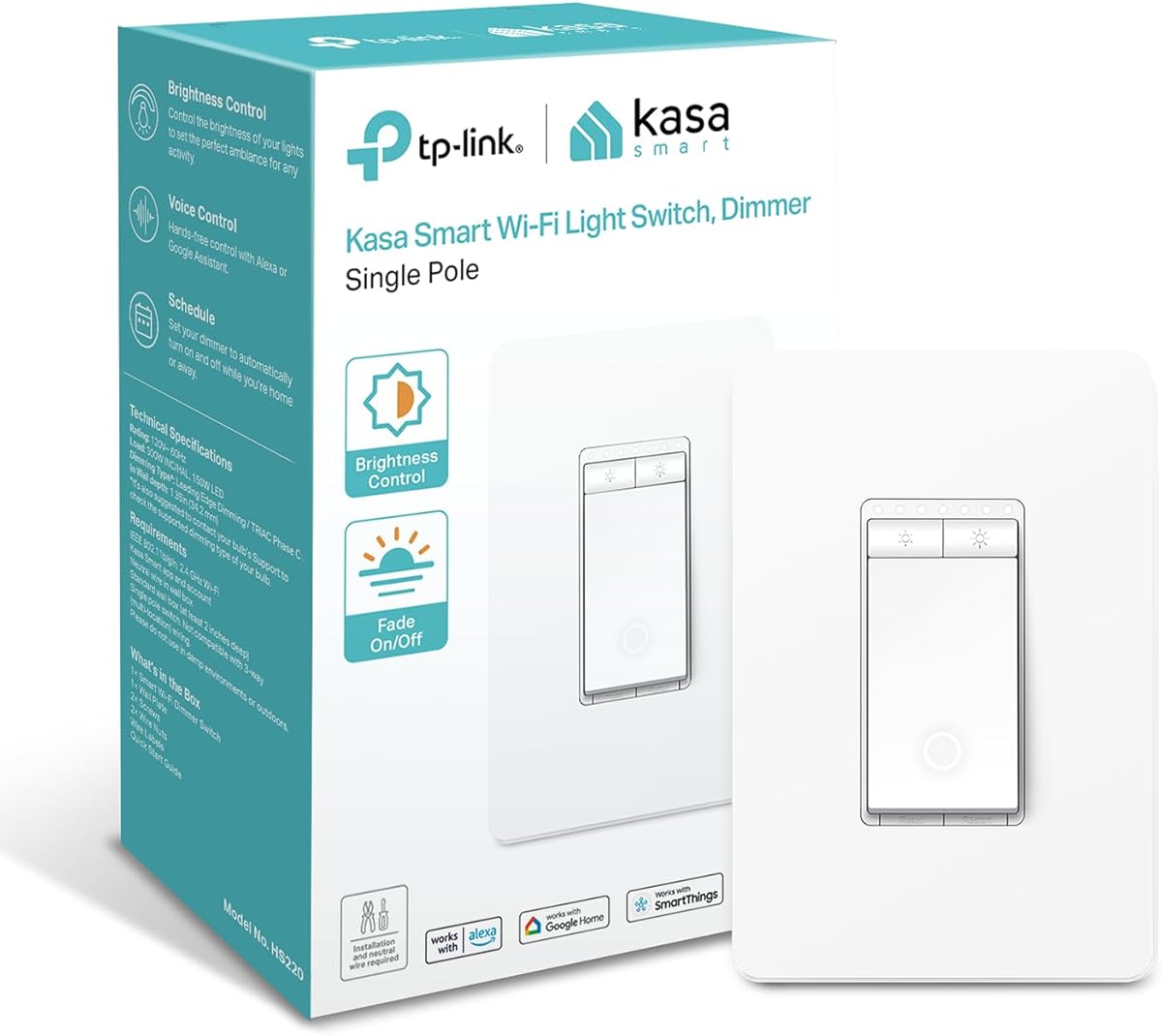 Kasa Smart Dimmer Switch HS220, Single Pole, Needs Neutral Wire, 2.4GHz Wi-Fi Light Switch Works with Alexa and Google Home, UL Certified, No Hub Required, 1 Pack White, Alexa Compatible 1 Pack